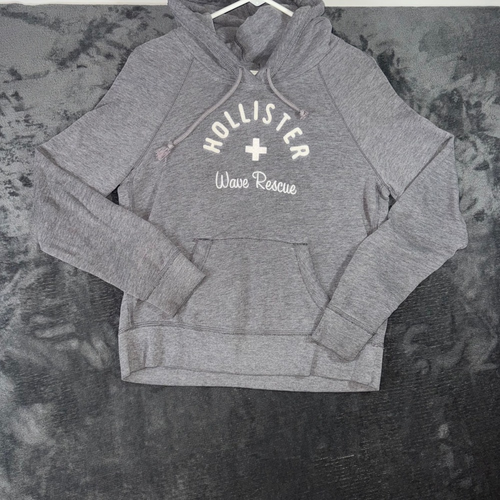 Womens Large Hollister Hoodie Grey Vintage‎ Wave Rescue Graphic Pullover Raglan